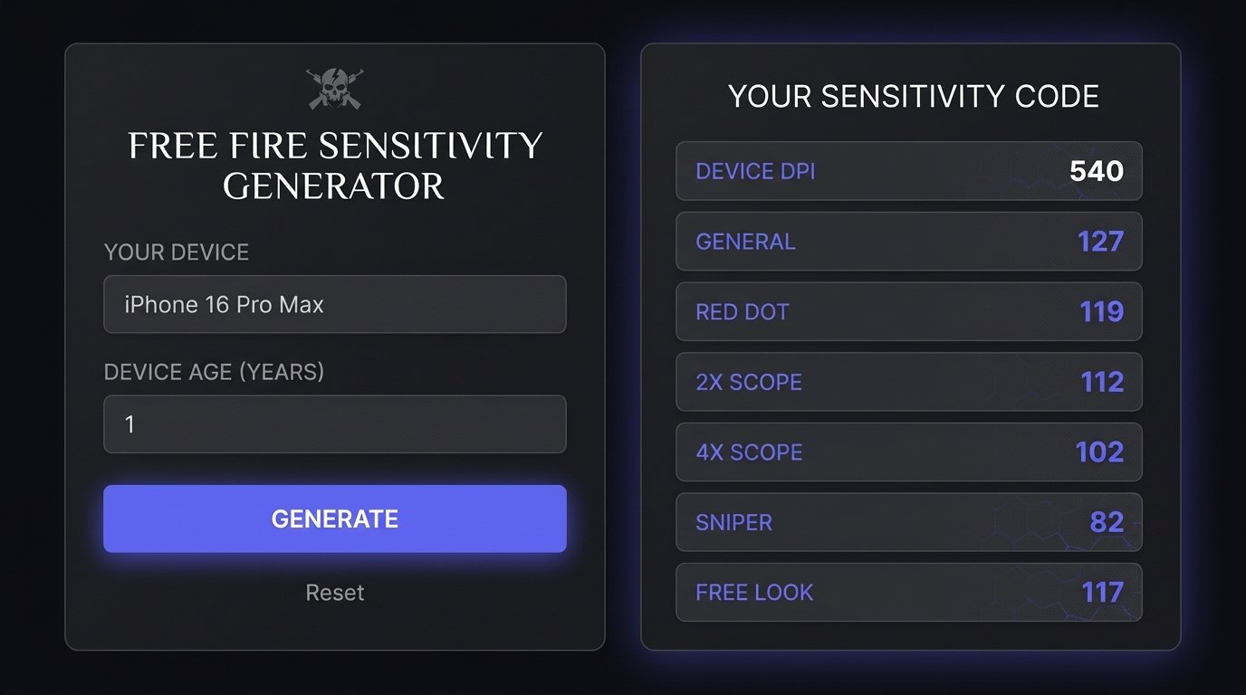 Free Fire Sensitivity Generator tool showing custom device DPI and sensitivity settings for General, Red Dot, 2X Scope, 4X Scope, Sniper, and Free Look
